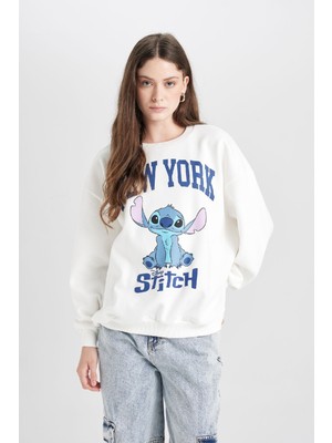 DeFacto Coool Disney Lilo & Stitch Oversize Geniş Kalıp Bisiklet Yaka Baskılı Kalın Sweatshirt D4812AX24WN