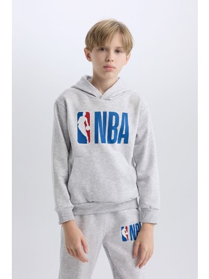 DeFacto Erkek Çocuk Gri NBA Wordmark Kapüşonlu Kalın Sweatshirt D4857A824WN