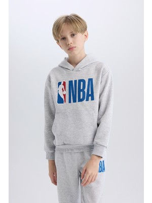 DeFacto Erkek Çocuk Gri NBA Wordmark Kapüşonlu Kalın Sweatshirt D4857A824WN