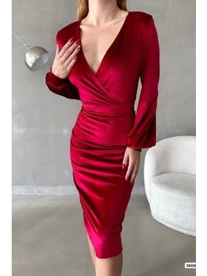 Defy Moda Kadın Kadife Kumaş Kruvaze Yaka Balon Kol ve Yırtmaç Detaylı Midi Boy Elbise