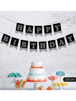 Happy Birthday Siyah Gümüş Harf Banner