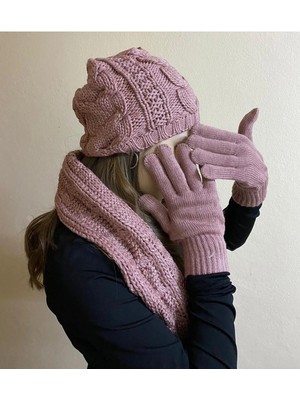 Sema Aksesuar Kadın Örgü Bere, Atkı ve Eldiven Set Takım - Hediyelik Kışlık 3'lü Set