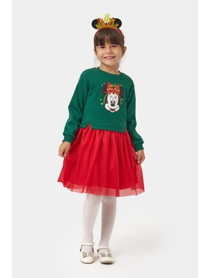 Miniğimin Cicileri (4-7 Yaş) Mnn Baskılı Yılbaşı Konsept Kız çocuk elbise - Yeşil