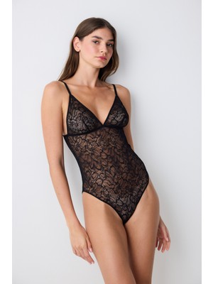 Penti Üçgen Lace Dantel Siyah Bodysuit