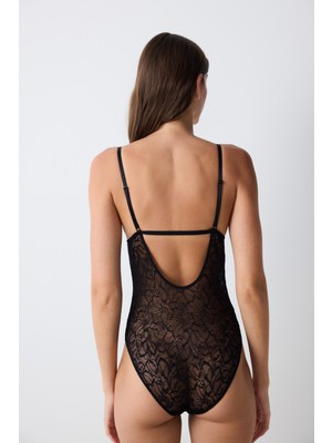 Penti Üçgen Lace Dantel Siyah Bodysuit