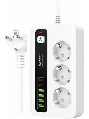 Always Teknoloji  Akım Korumalı 4 Usb'li ve 3 Type-C Li 3'lü Grup Priz 2 M Uzatma Kablosu Beyaz