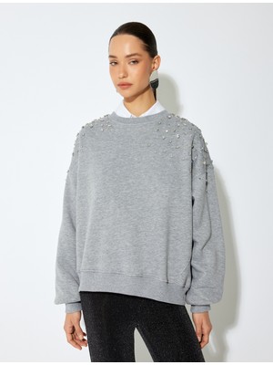 Koton Uzun Kollu Bisiklet Yaka Taşlı Oversize Sweatshirt