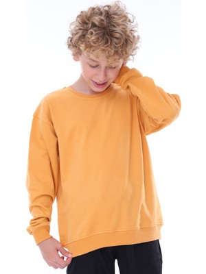 Zuzunga Oversize Unisex Hardal Renk %100 Pamuk Basic Sweatshirt Uzun Kol Çocuklar İçin