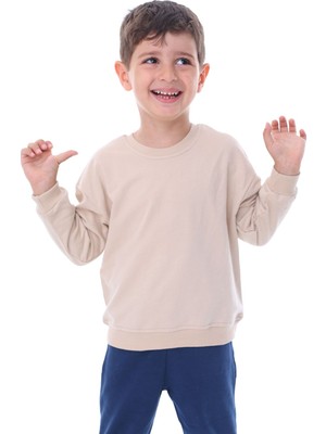 Zuzunga Basic Düz Renk Bej Fırçalı Yumuşak  Pamuk Sweatshirt