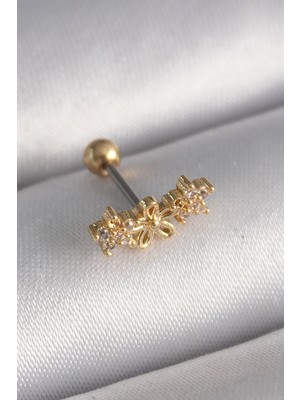 Stil Love 316L Çelik Gold Renk Zirkon Taşlı Çiçek Tragus Piercing