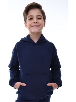 Zuzunga Basic Kapüşonlu Şardonlu Kanguru Cep Detaylı Çocuk Sweatshirt 3-10 Yaş Lacivert