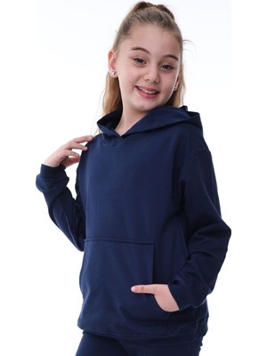 Zuzunga Basic Kapüşonlu Şardonlu Kanguru Cep Detaylı Çocuk Sweatshirt 3-10 Yaş Lacivert