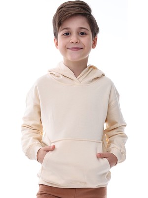 Zuzunga Basic Kapüşonlu Şardonlu Kanguru Cep Detaylı Çocuk Sweatshirt 3-10 Yaş Ekru