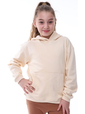 Zuzunga Basic Kapüşonlu Şardonlu Kanguru Cep Detaylı Çocuk Sweatshirt 3-10 Yaş Ekru