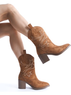 Modabuymus Bazal Taba Süet Kovboy Bot Topuklu Rahat Nakışlı Western Bot