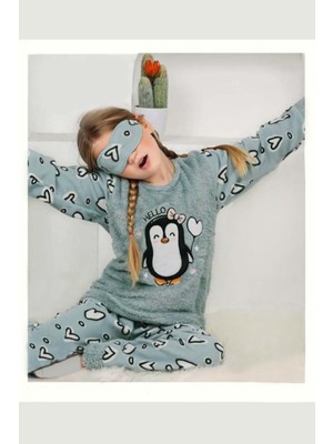 Gri Mor Tekstil Kız Çocuk Penguenli Göz Bantlı Peluş Polarlı Pijama Takımı