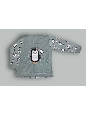 Gri Mor Tekstil Kız Çocuk Penguenli Göz Bantlı Peluş Polarlı Pijama Takımı