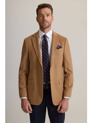 Erkek Camel Regular Fit Mono Yaka Yün-Kaşmir Karışımlı Blazer Ceket