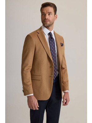 Erkek Camel Regular Fit Mono Yaka Yün-Kaşmir Karışımlı Blazer Ceket