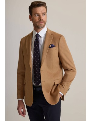 Erkek Camel Regular Fit Mono Yaka Yün-Kaşmir Karışımlı Blazer Ceket