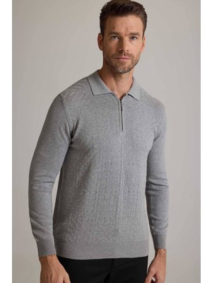 Erkek Gri Polo Yaka Fermuarlı Triko