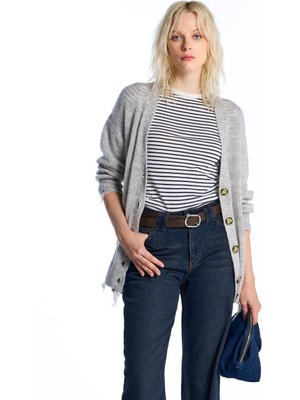 Sherin Gri Melanj Yırtık Detaylı Triko Hırka