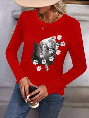 Veramall Kadın Uzun Kollu Bisiklet Yaka Desenli Viskon Bluz