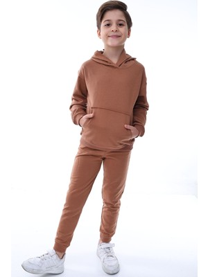 Zuzunga Basic Kapüşonlu 2 Iplik Şardonlu Kanguru Cepli Çocuk Eşofman Takımı 3-10 Yaş Kahverengi