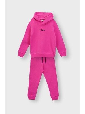 Kapüşonlu Hello Nakış Baskılı Basic Pembe Çocuk Eşofman Takımı