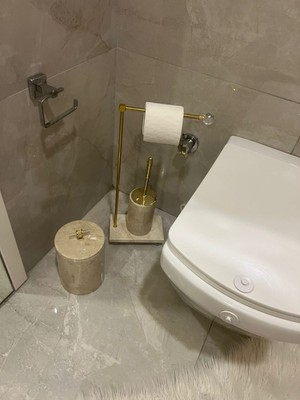 Sümeyra Marble Art Doğal Mermer Banyo Seti 3lü Bej - Gold Renk Modern Tasarım
