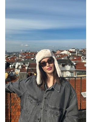 Kadın Içi Polarlı Bej Kürklü Peluş Kışlık Pilot Şapka