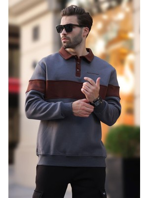 Füme Polo Yaka Renk Bloklu Erkek Sweatshirt 7072