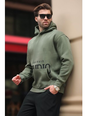 Haki Kapüşonlu Baskılı Cep Detaylı Sweatshirt E7076