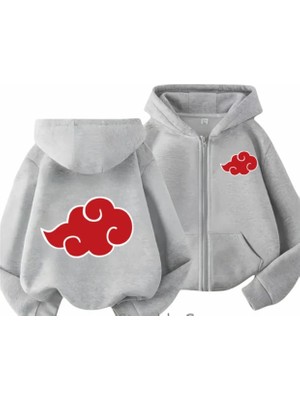 Kids Face Özel Tasarım Kapüşonlu Tam Fermuarlı Anime Bulut Göğüs Sırt Baskılı Kışlık Erkek Çocuk Sweatshırt