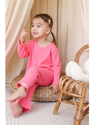 Zuzunga Basic Fitilli Interlok Kumaş %100 Pamuk 1-5 Yaş Pembe Bebek Pijama Takımı