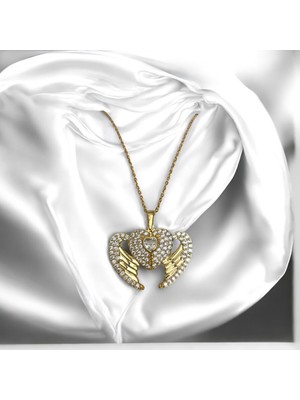 Wisteria Jewelry Melek Kanatlı Kalp Taşlı Çağla Model Gold Renk Çelik Kolye 316L