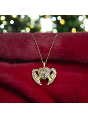 Wisteria Jewelry Melek Kanatlı Kalp Taşlı Çağla Model Gold Renk Çelik Kolye 316L