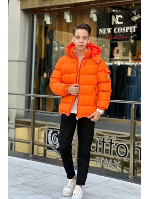 Miniğimin Cicileri Kapüşonlu Erkek Çocuk Şişme mont - Turuncu