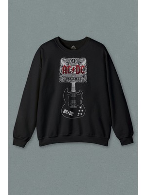Unisex Siyah Sweatshirt Ac Dc Black Ice Guitar Gitar Rock Music Baskılı Sweat