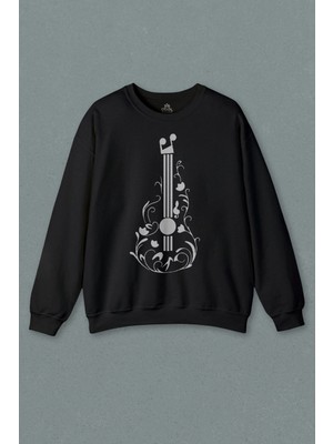 Unisex Siyah Sweatshirt Gitar Çizim Tasarım Nota Müzik Sol Anahtarı Music Baskılı Sweat