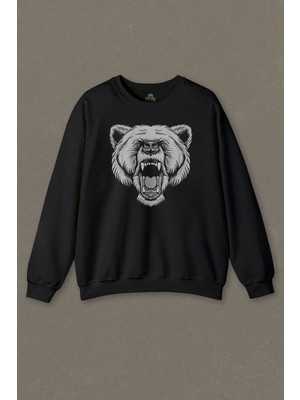 Siyah Unisex Sweatshirt Angry Bear Head Kızgın Ayı Kafa Baskılı Sweat