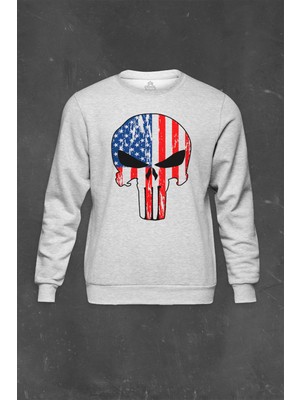 Gri Sweatshirt The Crazy Punisher Cezalandırıcı Frank Castle Baskılı Unisex Sweat