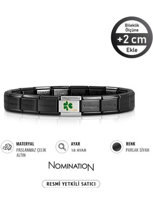 Nomination Italy Composable 18 Ayar Altın Saplı Yonca ve Çelik Bileklik Parlak Siyah