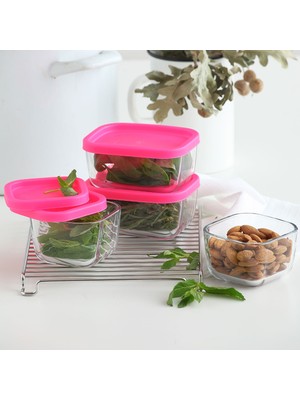Lav Cube Cam Saklama Kabı 2'li Küçük Boy 405 ml Dikdörtgen Pembe Plastik Kapaklı (Kahvaltılık )