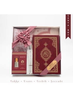 Hayrat Neşriyat Takke + Esans + Tesbih + Seccade + Kuran Hediye Seti (Çanta Boy, Bordo)