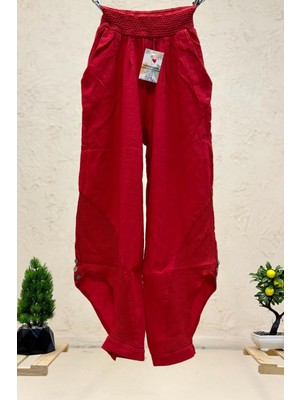 Paça Düğmeli Fileli Keten Şalvar Pantolon