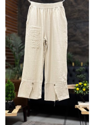 Lazerli Püsküllü Paça Düğmeli Keten Pantolon