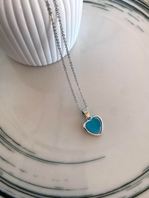 Modadiro Aqua Blue Heart Kolye Silver