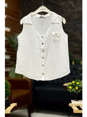 Yakallı Cepli Tahta Düğmeli Keten Yelek