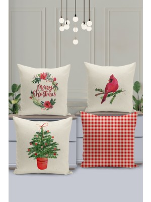 Filamente 4'lü Kırlent Kılıf Seti Yılbaşı Christmas Deseni Çift Taraflı Dijital Baskılı